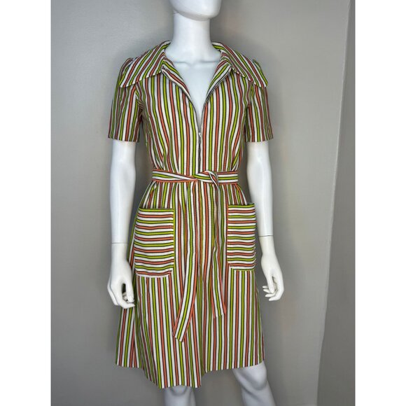 Vintage 1970s Striped Mod Dress, Large Collar, Handmade, S/M, Double Knit Zip Up - Picture 5 of 7
